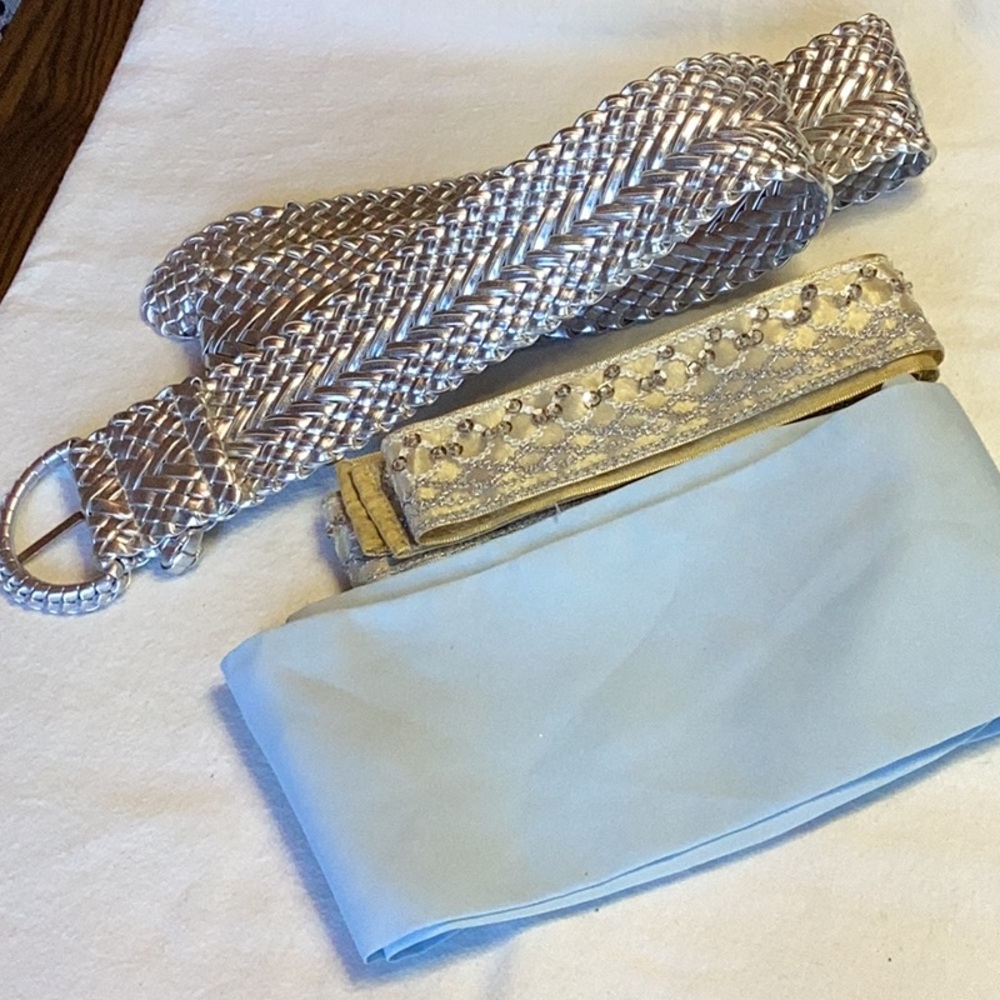 FINAL SALE PRICE Silver Woven Belt, Sequined Sash & Wide Blue Sash Lot